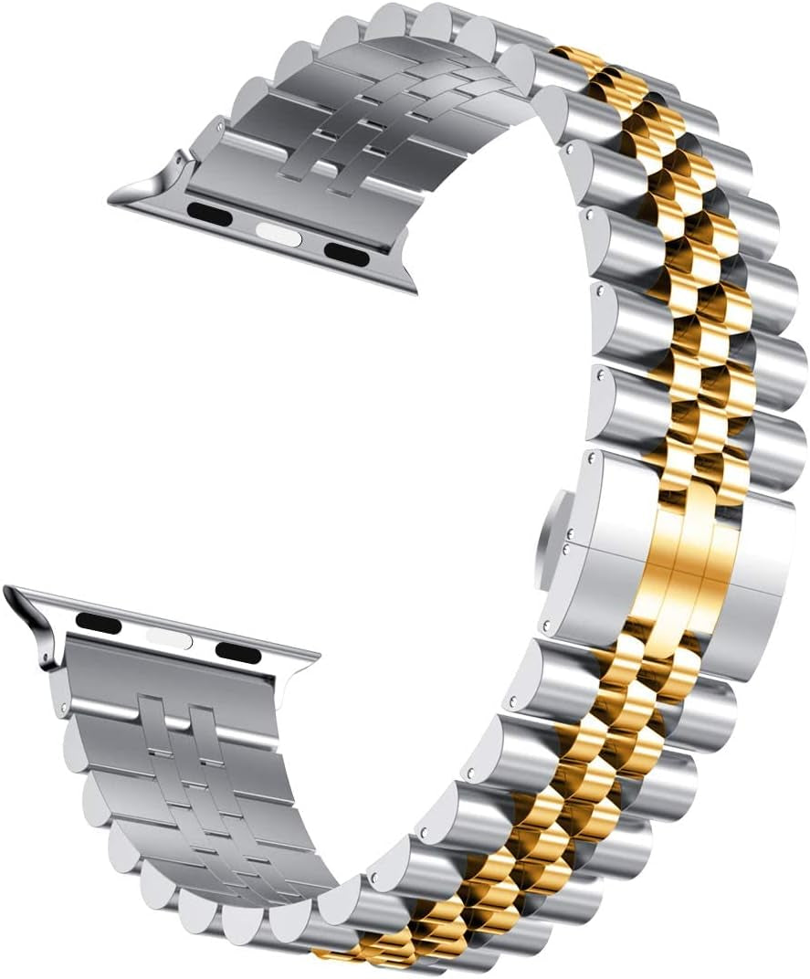 Compatible with Apple Watch Band 45Mm 44Mm 42Mm 41Mm 40Mm 38Mm, Stainless Steel Heavy Band with Butterfly Folding Clasp Link Bracelet for Iwatch Series7/6/Se Series 5/4/3/Men Women ,Silver/Gold, 41Mm/40Mm/38Mm