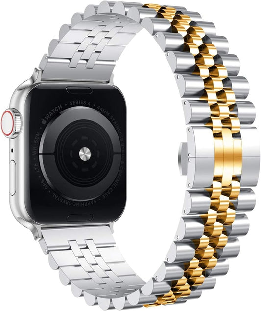 Compatible with Apple Watch Band 45Mm 44Mm 42Mm 41Mm 40Mm 38Mm, Stainless Steel Heavy Band with Butterfly Folding Clasp Link Bracelet for Iwatch Series7/6/Se Series 5/4/3/Men Women ,Silver/Gold, 41Mm/40Mm/38Mm